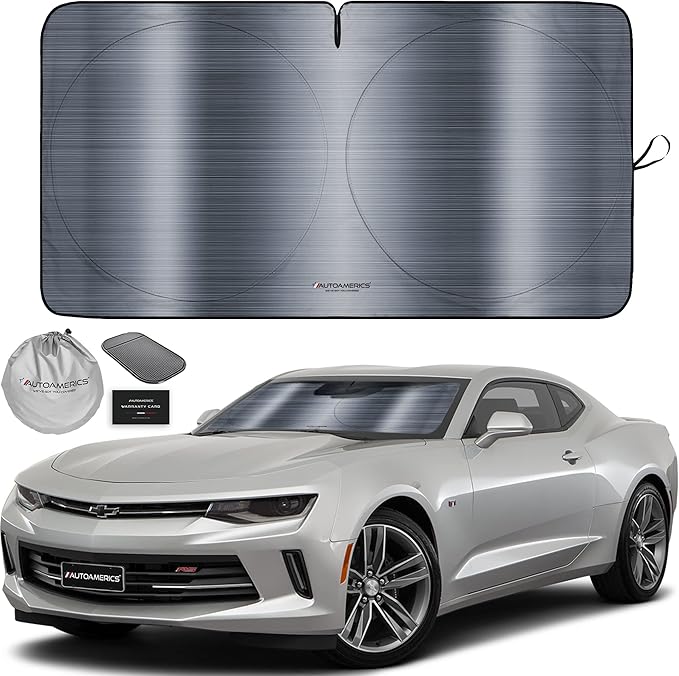 Autoamerics 1-Piece Windshield Sun Shade - Metallic Gray Foldable Car Front Window Sunshade for Most Cars SUV Truck Heat Blocker Visor Protector Blocks Max UV Rays and Keeps Your Vehicle Cool - Small