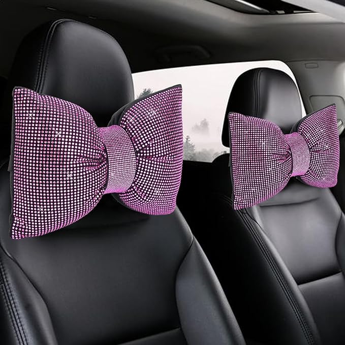 2 PCS Bling Car Pillows,Rhinestones Bowknot Car Headrest Pillow,Car Neck Pillow for Driver Relax Necksupport,Sleeping Travel Support Neck Pillow,Shiny Diamond Interior Accessories for Women,Pink