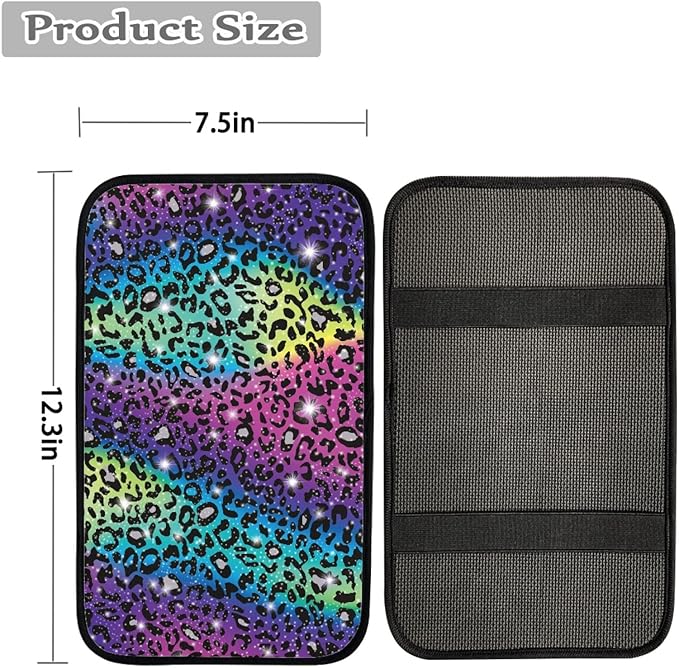 Coldinair Rainbow Glitter Leopard Print Car Center Console Pad Soft Armrest Protector Cover Fit for Most Vehicle,SUV,Truck,Wild Cheetah Car Interior Accessories Decor