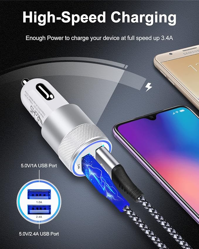 Car Charger, AILKIN 3.4a Portable Dual Port USB Cargador Carro Fit Lighter Spot Socket Adapter for iPhone 17 16E 16 15 14 13 Pro Max Plus, iPad, Tablet, Samsung Galaxy S25 Ultra Cigarette Auto Charger