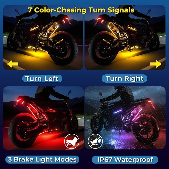 12PCS Double Row Motorcycle Led Lights with Brake Turn Signal,Underglow Light Kits with DITRIO APP/RF Remote Control, Dual Zone,Waterproof,12V Pixelglow RGB Lights for Motorcycles, Golf Carts, UTVs