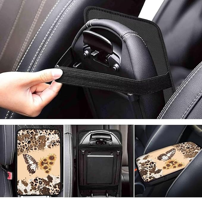 Suobstales Butterfly Sunflower Leopard Cow Print Car Armrest Pad Soft Center Console Arm Rest Protector Cover Universal Car Interior Accessories Decoration