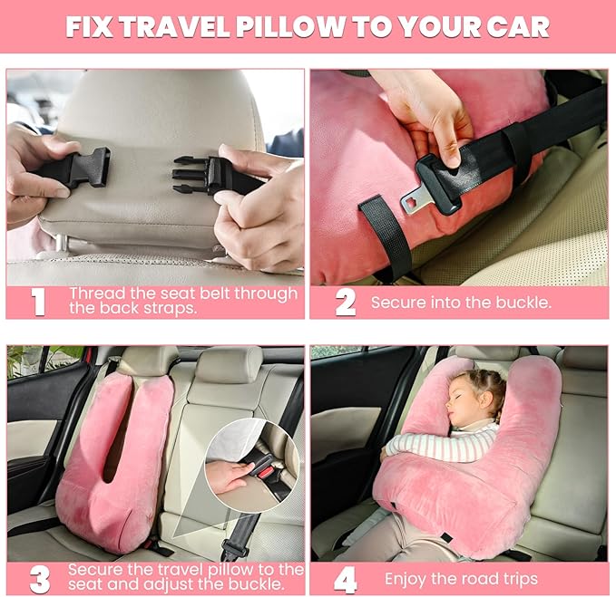 Travel Pillow, Car Pillow for Kids & Adults, Kid Travel Sleeping Pillows for Neck & Body Support, Car Travel Essentials Pillow on Road Trips, Pink