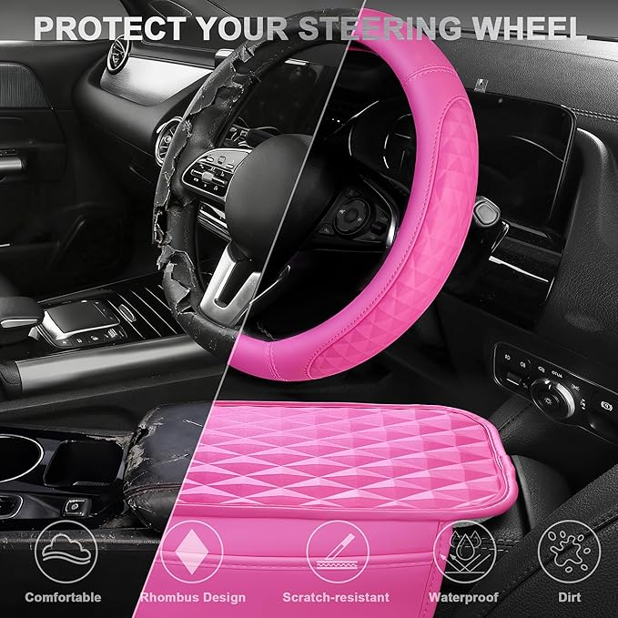 CAR PASS 3D Rhombus Pink Leather Steering Wheel Cover Car Accessories Set, Center Console Armrest Cushion with Storage Bags 2 Non-Slip Cup Coasters, 14.5-15in Cute Car Interior Sets, 4 PCS Hot Pink