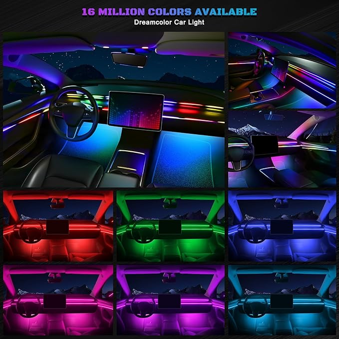 Dreamcolor Acrylic Interior Car LED Strip Light with Wireless APP, Dual Zone RGB 10 in 1 with 175 inches 593 Neon Car Ambient Lighting Kits, Music Sync LEDs Fiber Optic Strip Neon Lights for Car