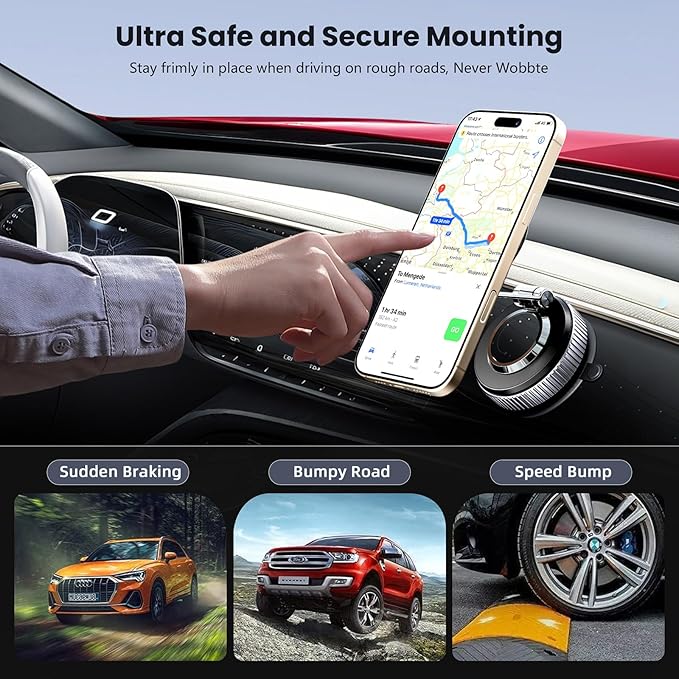Vacuum Magnetic Car Phone Holder-118LBS Strong Suction+2800gf Magnet,360° Adjustable Dashboard Mount, Hands-Free Cell Phone Stand for iPhone/Samsung MagSafe, Works on Mirror/Gym/Kitchen &Multi-Surface
