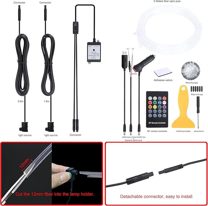 Car Atmosphere Light Kit 3m Fiber Optic RGB Multicolor Sound Active Music Sync Memory Function RF Remote Controller USB Car Interior Ambient Lighting Kit DC 12V