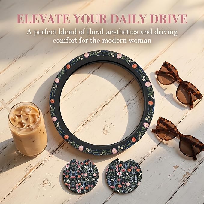 Wildflower Car Steering Wheel Cover - Multicolor Wildflower Steering Wheel Cover Anti-Slip Breathable Universal for 15 Inch Car 2 Pieces Coasters Suitable for Men Women