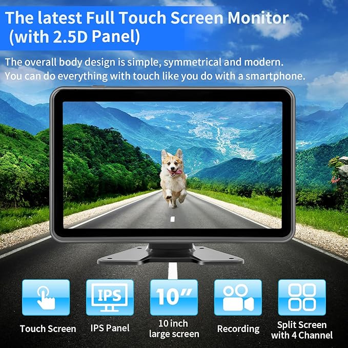 3 Camera Wired Backup Camera System Dash Cam for Truck/RV/Trailer/Bus/Tractor 10.1" Touch Monitor Loop Recording Split Screen 1080P Rear View & 2 Side View Camera Night Vision IP68 Back up Camera