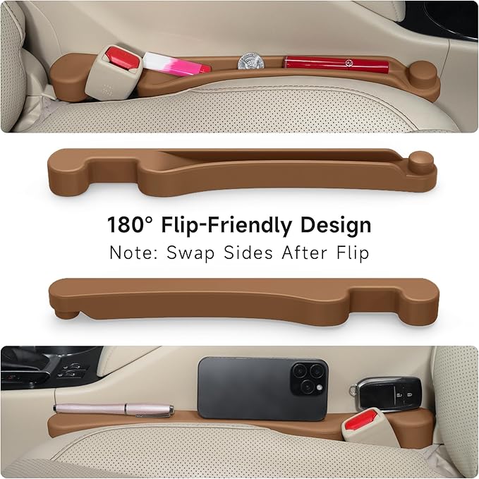 Car Seat Gap Filler Set of 2, 3IN1 Seat Side Gap Filler Plug with Storage Slot & Hook Function, Soft Foam Universal Fit Car SUV Truck Fill Gap Between Seats Console Organizer（Standard Saddle Brown）