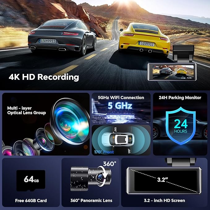 4K Dash Cam Front and Rear,with 64GB Card,Built in 5.8GHz WiFi & GPS Car Camera,Super Night Vision,Advanced Driver Assistance System,3.2'IPS Screen,24H Parking Mode,Time-Lapse,Loop Recording