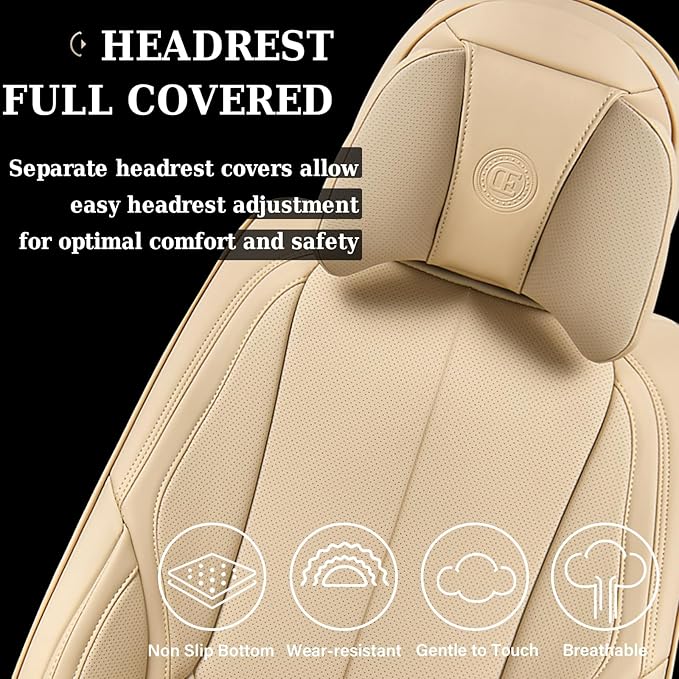 Coverado Universal Seat Covers Full Set, 5 Seats Universal Seat Covers for Cars, Waterproof NAPPA Leather Car Seat Covers with Head Pillow, Seat Protectors Fit for Most Sedans SUV Pick-up Truck, Beige