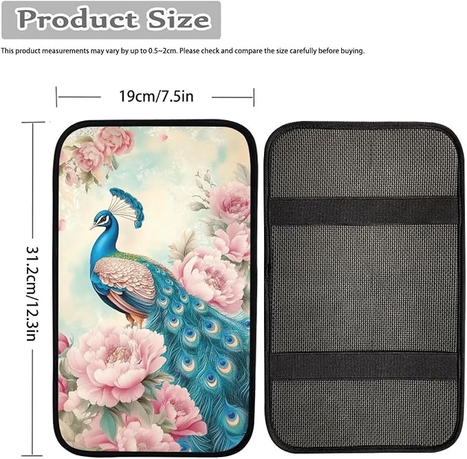 Suobstales Peacock Pink Flower Print Car Armrest Pad Soft Center Console Arm Rest Protector Cover Universal Car Interior Accessories Decoration