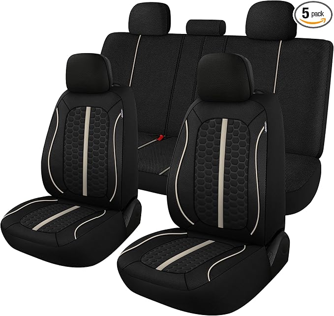 Breathable Premium Car Seat Covers Full Set，3D Air-Mesh Seat Covers for Cars，Comfortable Safety Airbag Compatible，Universal for Most Cars Sedan Truck SUV(Black/Beige)