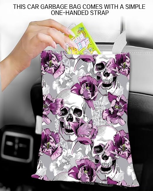Car Garbage Can, Hanging Car Trash Can for Back Seat Organizer, Cool Skull Flowers