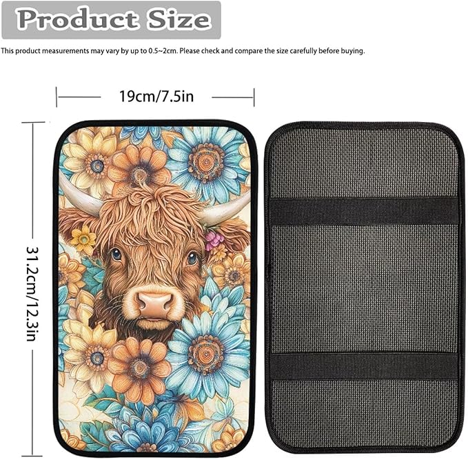 Suobstales Boho Mandala Highland Cattle Print Car Armrest Pad Soft Center Console Arm Rest Protector Cover Universal Car Interior Accessories Decoration