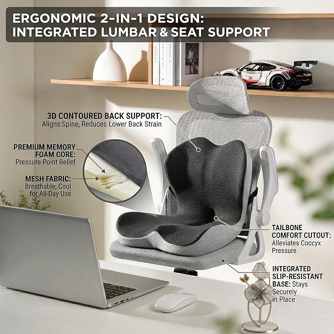 Ultimate L-Shaped Truck Driver Seat Cushion - Ergonomic Memory Foam Back & Tailbone Support - Breathable Cool-Mesh Pressure Relief Pad for Office Chairs, Semi-Trucks, & Long-Haul Driving