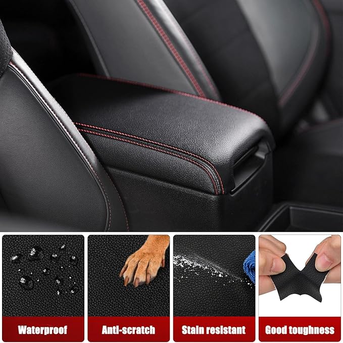 KBH Center Console Armrest Cover Replacement for Toyota Camry 2012 2013 2014 2015 2016 2017, Vinyl Leather Arm Rest Skin Upholstery, Black-Red Stitch (Leather Part Only)