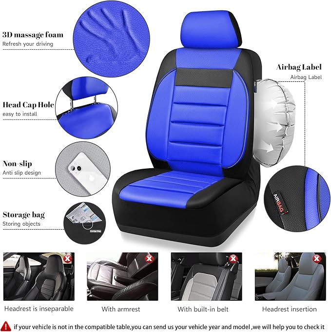 CAR PASS Leather Car Seat Covers Front Seats Only, Universal Fit Automotive Interior Waterproof 3D Foam Back Support Car Seat Covers for Trucks Vans and SUVs Airbag Compatible 2 Pieces Black Blue