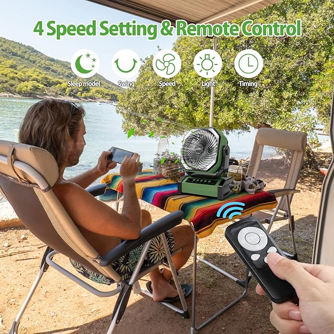 AddAcc 20000mAh Rechargeable Camping Fan - Battery Operated Fan with Light & Remote, Auto Oscillating, 4 Timer, 60 Hrs Work Cordless Tent Fan for Travel Outdoor RV Garage Power Outage Emergency
