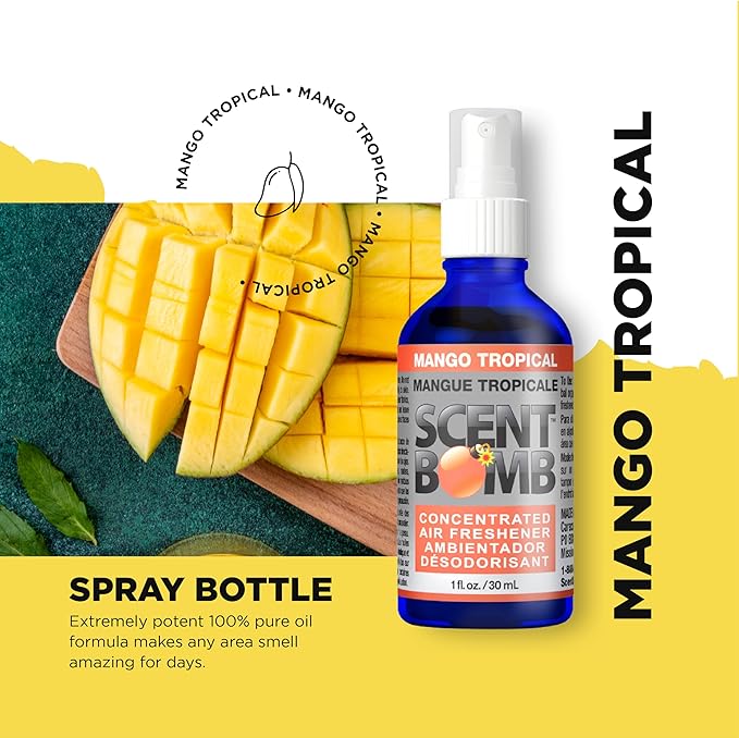 Scent Bomb Air Freshener Spray, Long-Lasting Odor Eliminator - Effective Deodorizer for Home & Car, Fresh Room Spray for Kitchen, Bathroom & Smell Neutralizer - 1 oz Pack of 4, Mango Tropical Scent