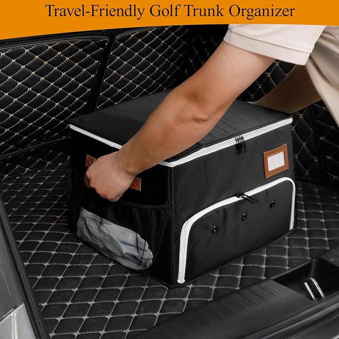 2 Layer Golf Trunk Organizer, Golf Organizer with 2 Pairs Shoes Compartment, Golf Storage Waterproof Car Trunk Locker for Balls, Caps, Clothes, Gloves, Accessories, Gifts for Golfers