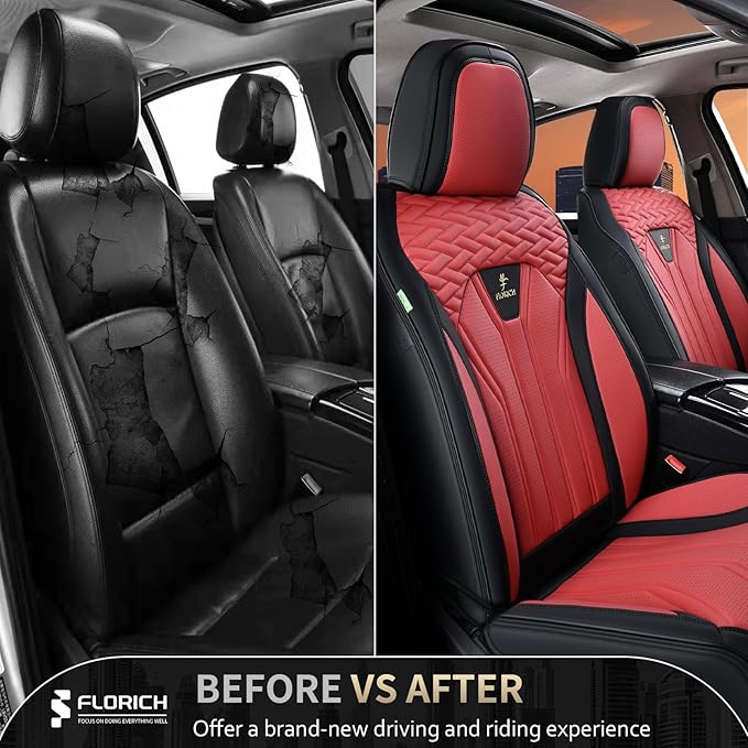 FLORICH Seat Covers for Cars, Waterproof Automotive Seat Covers, Leather Car Seat Covers 2 Pack, Universal Front Seat Cushion Protector for Most Cars Trucks SUV-Black&Burgundy