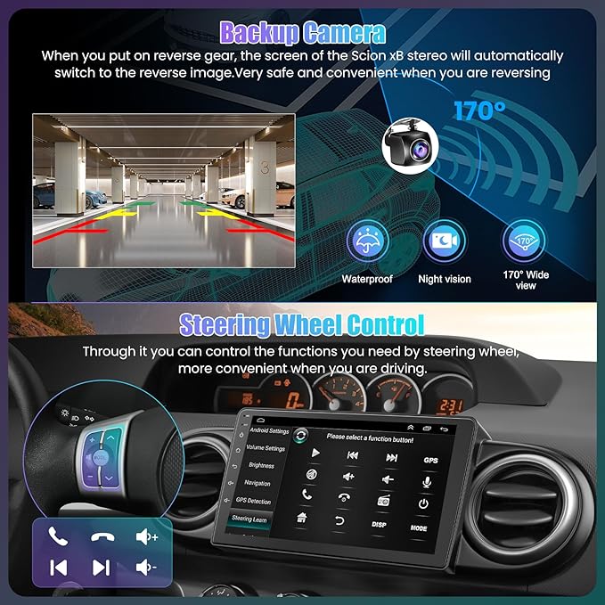 (8Core + 64GB) Car Radio Stereo for Toyota Scion XB 2007-2019, 7" QLED Touchscreen with Wireless CarPlay & Android Auto& Mirror Link, Android 15 System