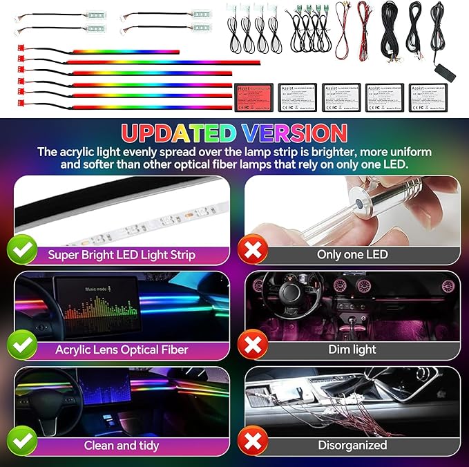 Dream Color Acrylic Interior Car Ambient Light Kit, Bphuny 22 in 1 593 LEDs Fiber Optic Multiple Modes Decoration Atmosphere Lights with Music Dynamic Rainbow Rhythm, RGB Neon Lights for All Cars