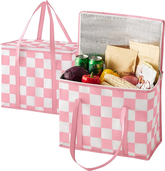 Checkered Insulated Grocery Bags 2 Pack, Checkerboard Cooler Shopping Bags for Groceries, Insulated Bags for Food Delivery