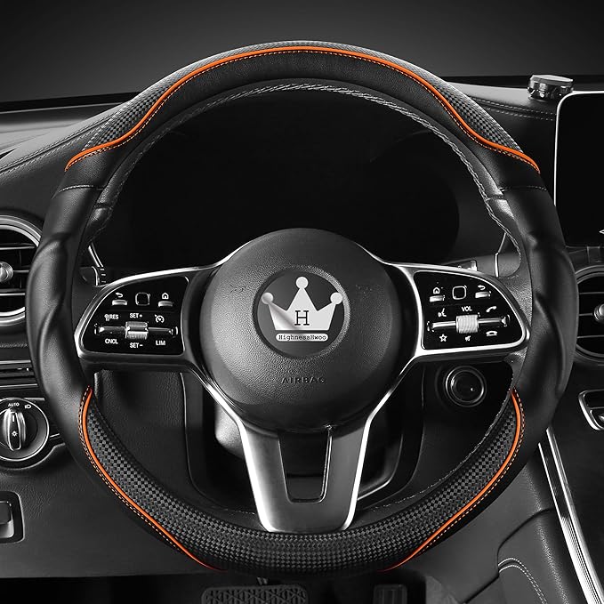 3D Car Steering Wheel Cover Comfort Grip Massage Sporty Anti-Slip Carbon Fiber Faux Leather for F150, Trucks, Jeep, Van, Car Handle Covers for All Seasons, 15.2-16in, Orange