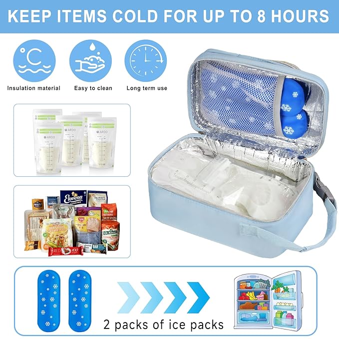 Breastmilk Cooler Travel bag with Ice Pack,Portable Breastmilk Cooler Bag with Buckle Handle,Insulated Breastmilk Storage Bag Cooler,Blue