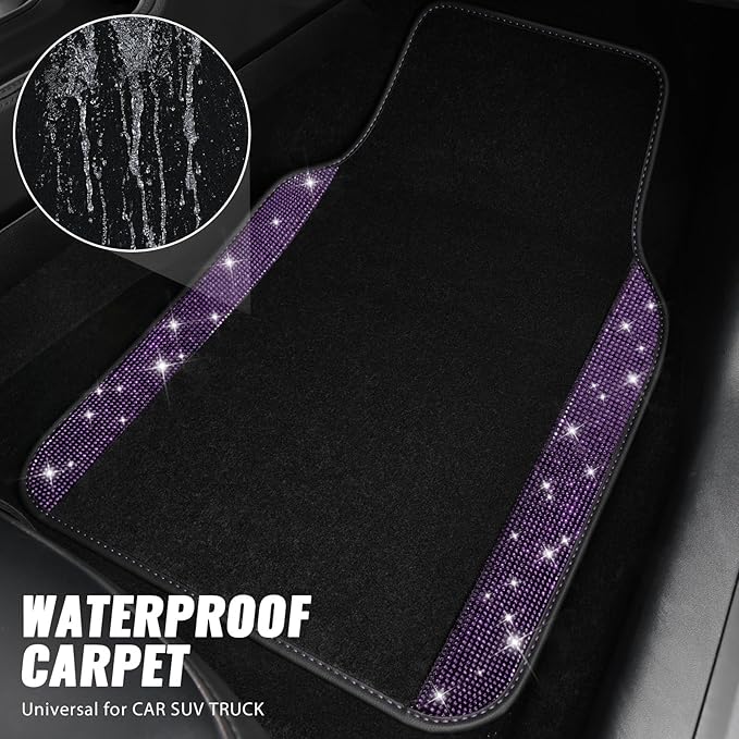 CAR PASS Bling Rhinestones Diamond Car Floor Mat, Crystal Sparkly Shining Glitter Carpet, Waterproof Anti-Slip PVC Heel Pad Universal Fit Interior Set SUV,Sedan,Van,4pcs Girl Women Men Violet Purple