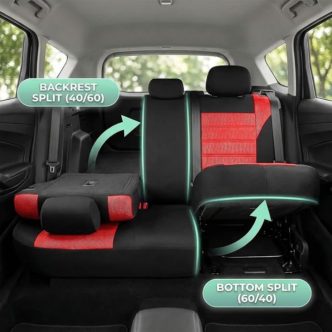 FH Group Automotive Car Seat Covers Full Set Premium 3D Air Mesh Front Seat Covers, Airbag Compatible & Split Bench Cover Universal Fit Interior Accessories for Cars Trucks and SUVs - Red