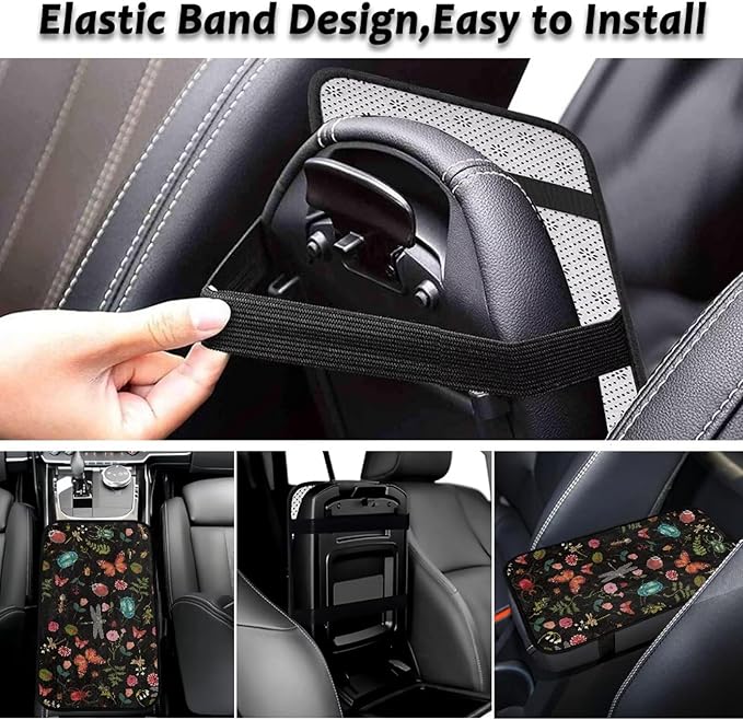 Butterflies Dragonflies Arm Rest Cover Car Easy to Install Car Center Console Cover Wear Resistant Arm Rest Lid Protector Cushion Universal Fit for Cars Trucks and SUVs