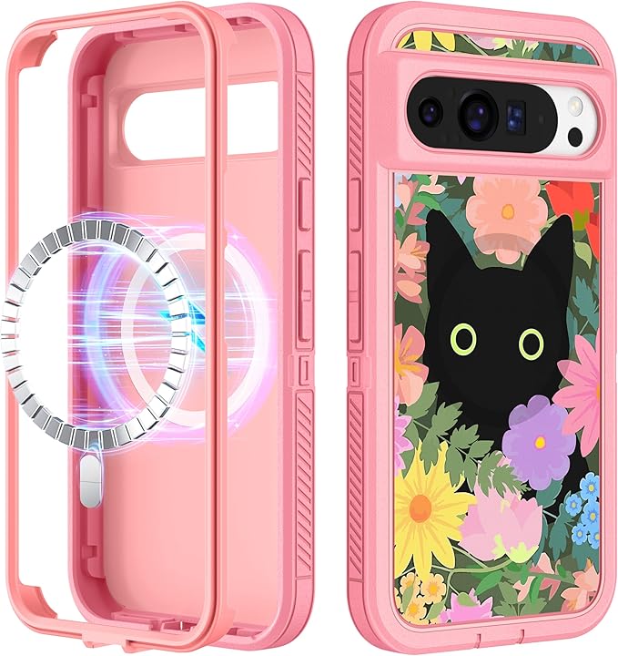for Google Pixel 9 Case/Pixel 9 Pro Case - Compatible with MagSafe Women Girls Cute Magnetic Protective Cover Girly Cat Flower Floral Design Heavy Duty Shockproof for Pixel 9/9 Pro Phone Case