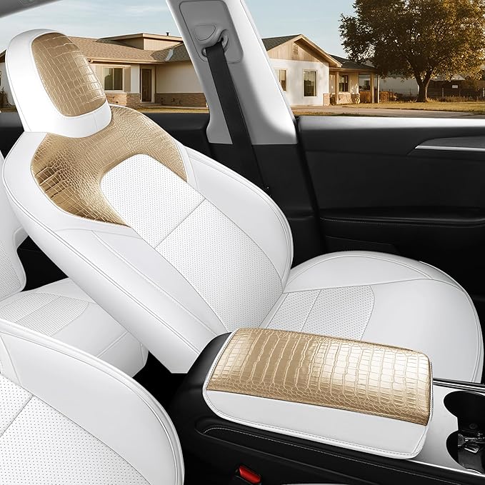 for Tesla Model Y Car Seat Cover Custom Fit 2020 2021 2022 2023 2024 Crocodile and Nappa Leather Seat Cover Full Set Interior Accessories (Crocodile Skin Golden+White)