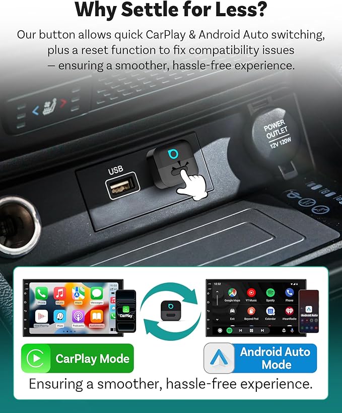OTTOCAST Mini Pico Wireless CarPlay Adapter, No More Cables, Dual Phone Memory, One-Button Switch, Wi-Fi 6 & Bluetooth 5.4