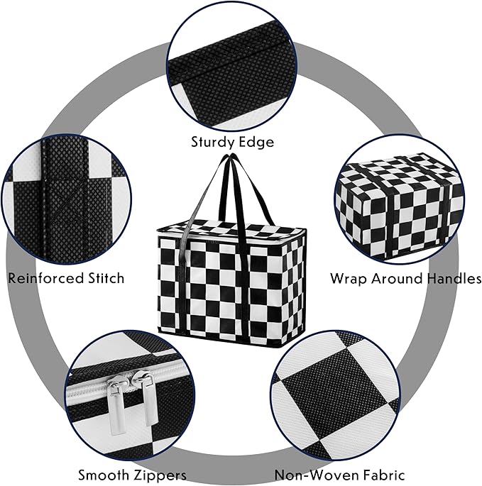 Checkered Insulated Grocery Bags 2 Pack, Checkerboard Cooler Shopping Bags for Groceries, Insulated Bags for Food Delivery