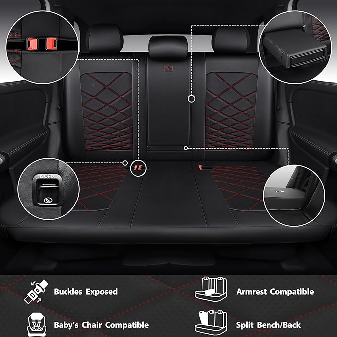 CAR PASS Luxury Nappa Leather Seat Covers Full Set, Water Resistant Faux Leather Seat Cover with Lumbar Support, Breathable Automotive Seat Covers Universal Fit for Sedan SUV Van Truck, Black Red