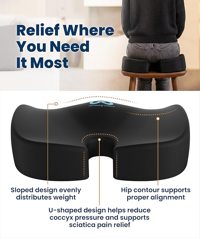 Everlasting Comfort Doctor Recommended Memory Foam Seat Cushion for Office Chairs & Car - Ergonomic Office Desk Accessories - Cushions for Tailbone Pain Relief, Sciatica (Black, XX-Large)