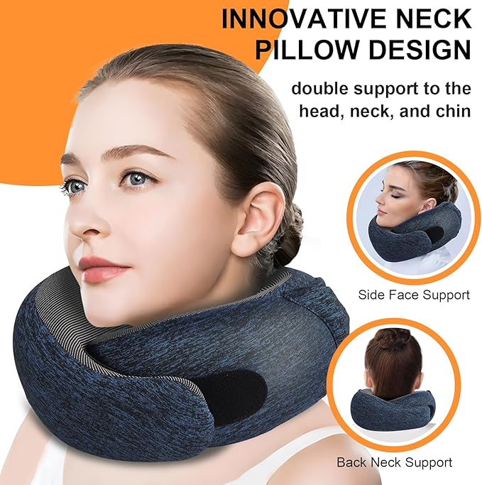 Travel Pillow - Hooded Neck Pillow Airplane Memory Foam Filling for Plane, Office, Cars Sleeping, Road Trip, Long Flights, Airplane Travel Essentials, Includes Eye Mask & Earplugs (Full Blue)