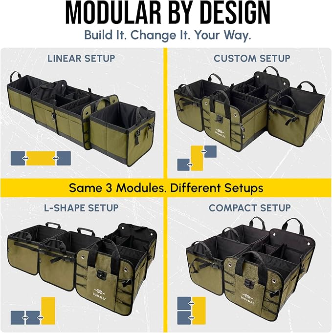 5-Section Extra Large Trunk Organizer – Heavy Duty 1680D Oxford, Collapsible & Foldable Car Cargo Organizer, Modular Multi-Shape Storage System for SUV, Truck, Van – Military Green