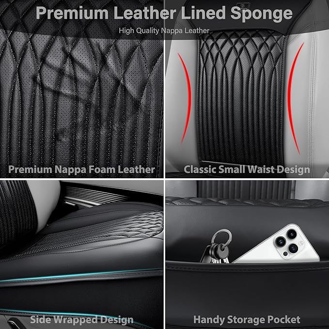 CAR PASS Car Seat Protector, Sideless Seat Covers for Cars, All Season Waterproof Nappa Leather Breathable Front Seats Cushion with Storage Pocket Universal Fit Vehicle Car SUV Truck, 2 Pack All Black