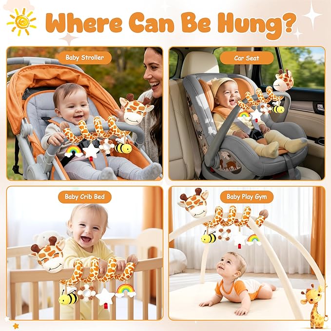 Stuffed Spiral Car Seat Baby Toys 6-12 Months, Infant Giraffe Sensory Toys Hanging Stroller Accessories, Newborn Shower Gifts for Baby Boys Girls Essentials | Cute Colorful Giraffe