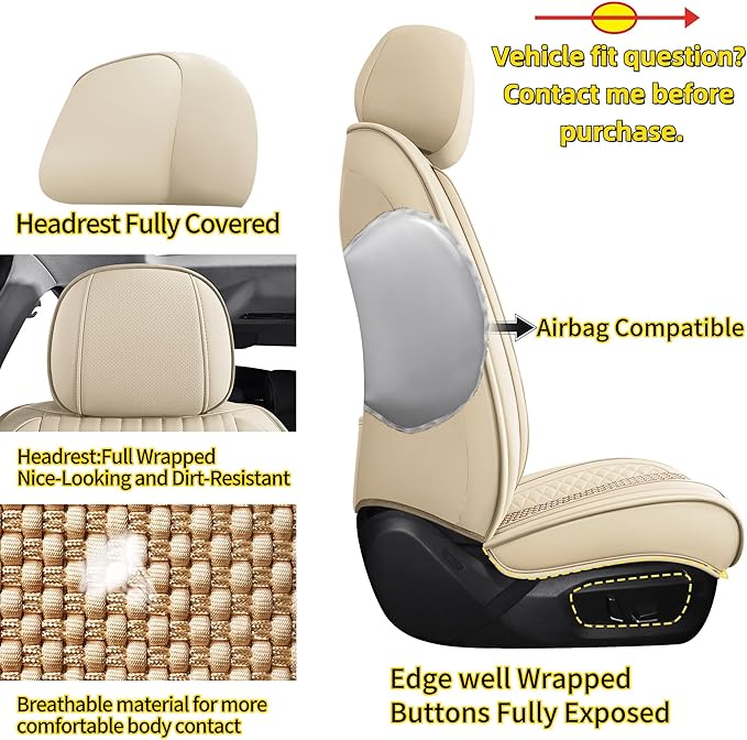 Chezope Car Seat Covers Full Set, Beige Leather Seat Covers, Breathable Front and Back Car Seat Protectors, Wear-Resistant Seat Covers Universal Fit for Most Cars SUV Truck (Beige-Stripes-B, Full Set)