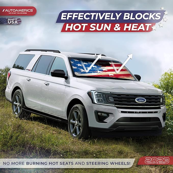 Autoamerics 1-Piece Windshield Sun Shade USA Art Flag - 1 American Design - Foldable Car Front Window Sunshade for Most Sedans SUV Truck - Blocks Max UV Rays and Keeps Your Vehicle Cool - Medium