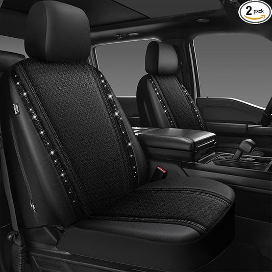 CAR PASS Memory Foam Mesh Bling Diamond Car Seat Cover 2 Front Seats Breathable Soft Sponge Universal Shining Glitter Sparkly Crystal Fit Armrest Automotive Truck SUV Cute Women Girl, Black Rhinestone