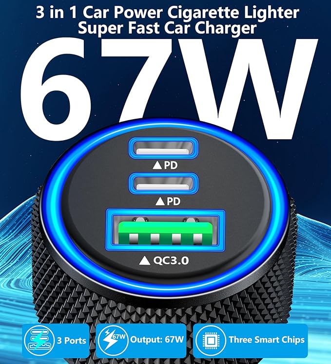 USB C Car Charger, Rombica 3Port 67W PD Dual USB-C USB-A Power Cigarette Lighter Adapter PD/QC Type C Car Charger Fast Charging for iPhone 17 17 Pro Max 16 Pro 15 14 13 12 11/Galaxy S26 S25/Pixel/iPad
