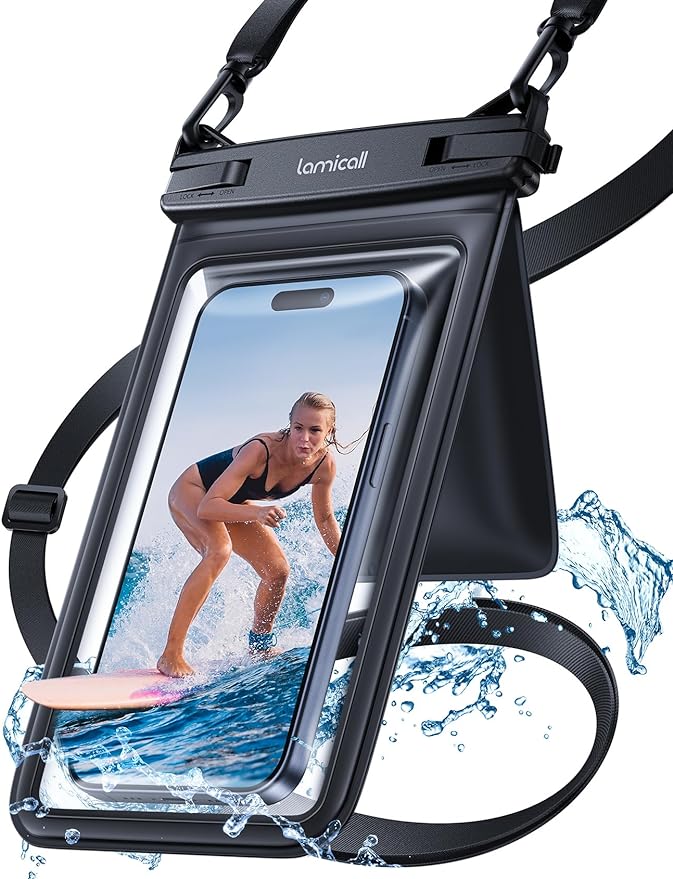 Lamicall Double Pocket Waterproof Phone Pouch - IPX8 Dry Bag - Privacy Storage for Card & Key - Cruise Ship, Beach Essentials for iPhone 17 16 15 Pro Max, Galaxy S25, for Bulky Cases to 7.5", Mom Gift